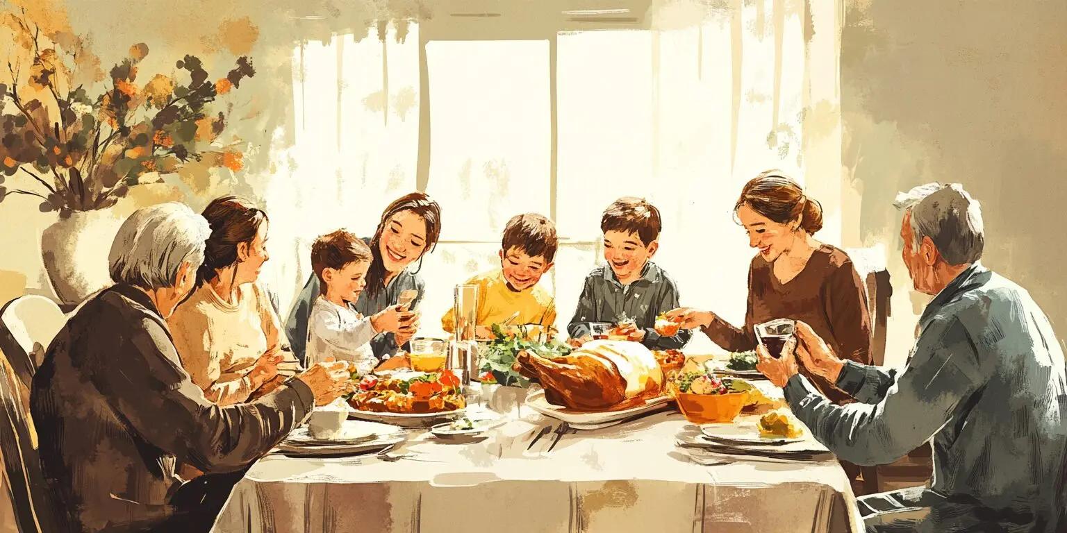 Illustration of a family gathered around a festive dinner table
