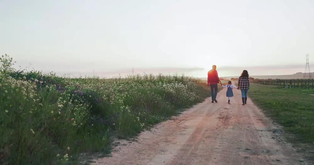 Family holding hands on farm and sunset walking on nature environment path