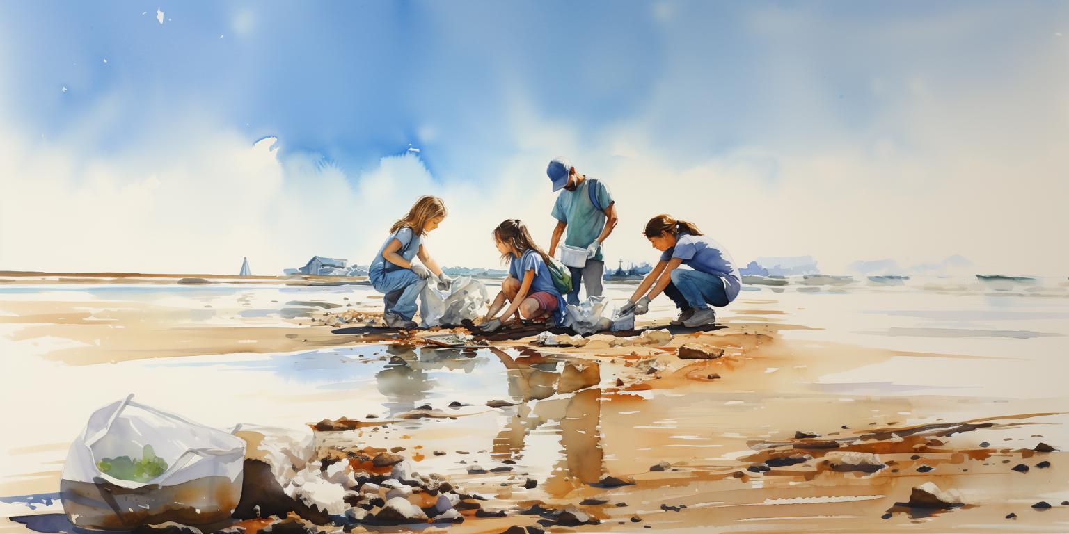 A family making an impact by picking up trash from the beach.
